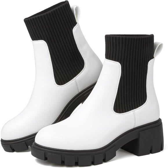 BKWHDAY Women's White Black Chelsea Platform Ankle Boots Fashion Chunky Heel - Picture 1 of 7